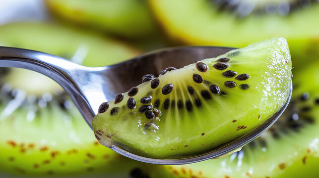 Uma colher de kiwi com sementes pretas
