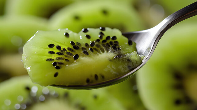 Uma colher de kiwi com sementes pretas