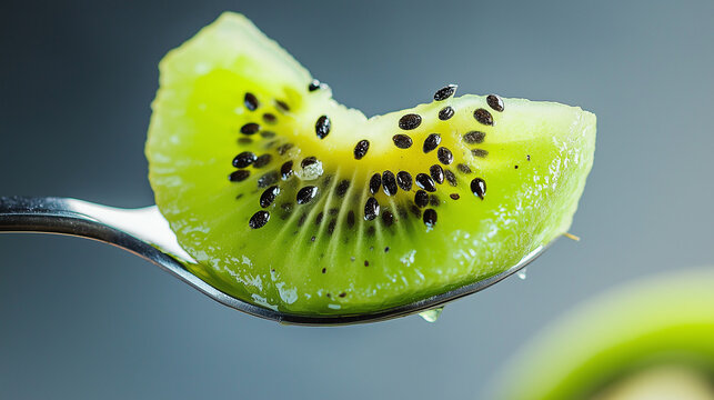 Uma colher de kiwi com sementes pretas