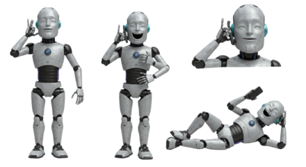 Cute friendly robot character making phone call gestures on white background