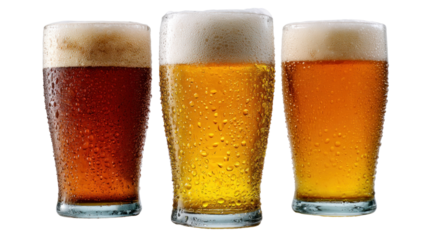 Variety Beer tasting in Glass: Three diverse glasses of beer showcased, featuring a light, medium, and dark hue. A cool, refreshing choice perfect for enjoyment and quenching your thirst.