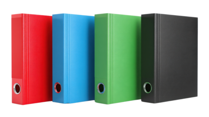 Colorful Ring Binders: A collection of vibrant ring binders in red, blue, green, and black, neatly arranged, ready to organize and protect documents.