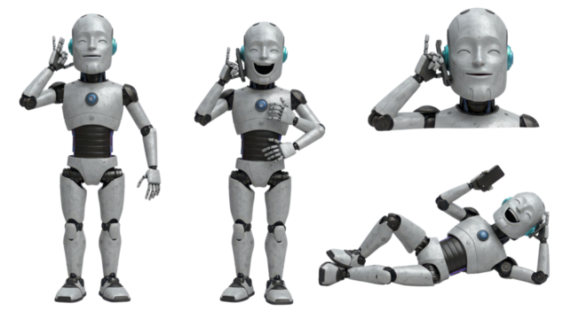 3D Render of Silver Humanoid Robot Character Talking on Cell Phone in Four Poses