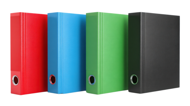 Colorful Ring Binders: A collection of vibrant ring binders in red, blue, green, and black, neatly arranged, ready to organize and protect documents.