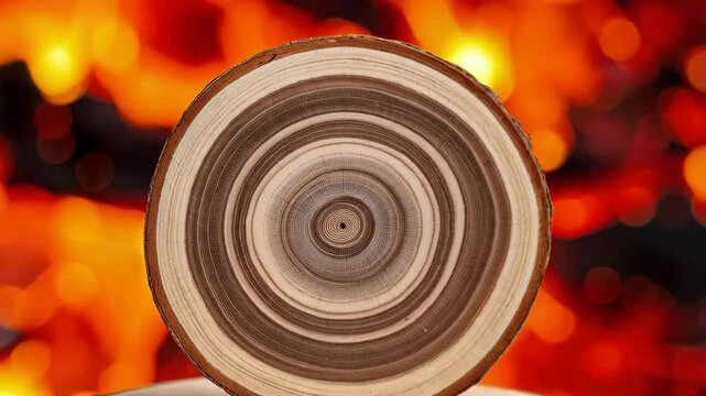 Isolated cross section of a tree trunk on a wood slice, revealing concentric rings against a bokeh fire background with blurred flames
