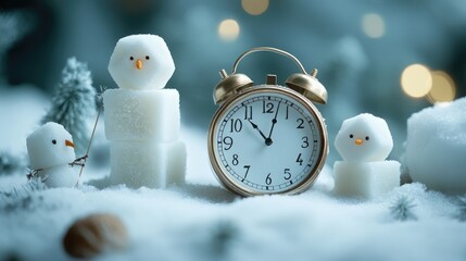 Whimsical Sugar Cube Characters with Vintage Clock in Frosty Winter Setting, Generative Ai