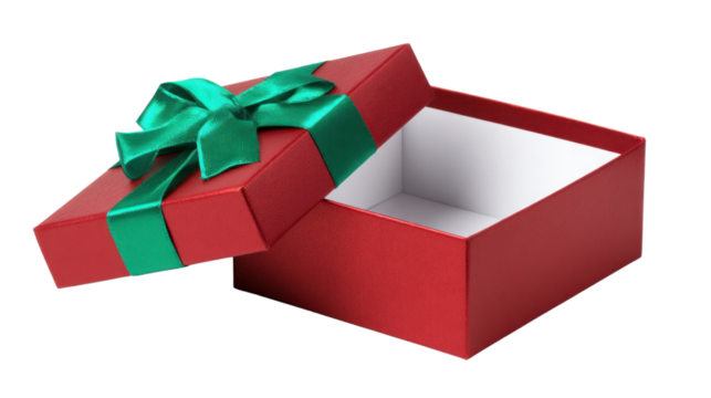 Gift Unveiled: A vibrant red gift box, its lid ajar to reveal its empty interior, tied with a festive green ribbon. A symbol of anticipation, surprises, and the excitement of unwrapping.