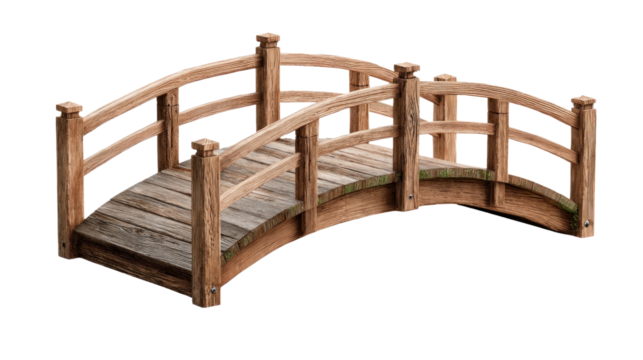 Wooden Bridge: An idyllic wooden bridge, showcasing intricate craftsmanship, arcs elegantly, offering a picturesque vista and peaceful ambiance.
