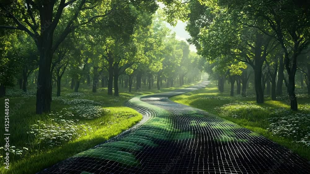 Poster serene path winding through a lush forest. sunlight filters through the trees, illuminating a grassy