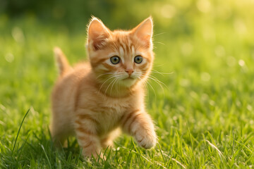 Playful Kitten: A vibrant and adorable ginger kitten with bright, curious eyes confidently steps across a lush green meadow in the soft light of the sun.