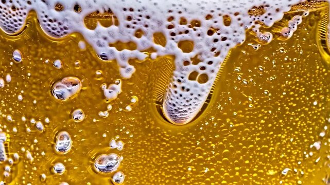 Three frames of frothy beer pouring with bubbles rising in golden liquid