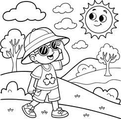 Happy boy in hat and sunglasses looking at the sun in a park coloring page