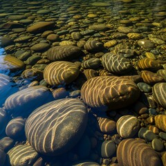 Smooth River Rocks Under Clear Flowing Water with Sunlight and Texture