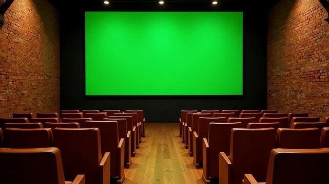 Green screen movie theater interior with empty seats for film presentation mockup video