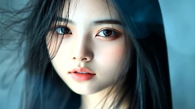 A glamorous black-haired model with elegant makeup, red lipstick and long hair poses in the studio, showing off her beauty and sensuality in close-up.