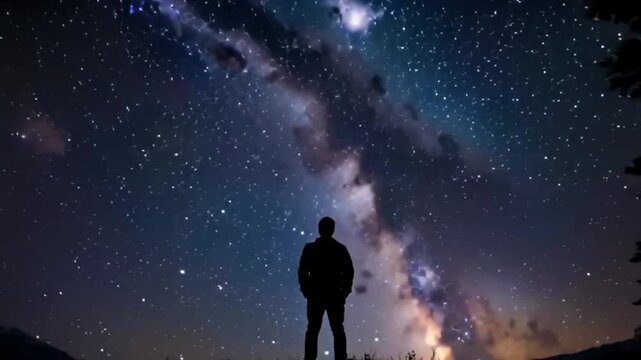 Silhouette of a person standing under a starry sky with the Milky Way. 4k video