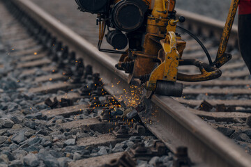 A worker in the process of a railroad track weld repair, reconstruction with a freight train passing