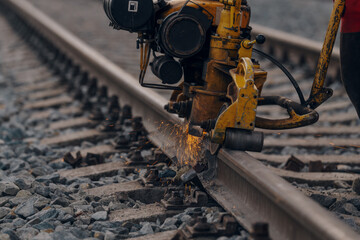 A worker in the process of a railroad track weld repair, reconstruction with a freight train passing