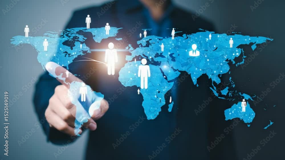 Poster global business network: a person's hand interacts with a digital world map highlighting the interco