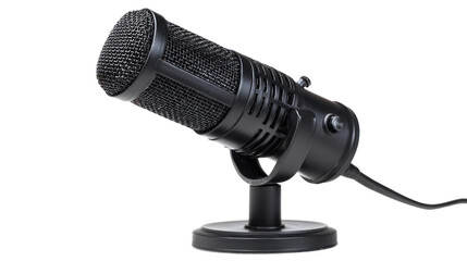 Studio Microphone: A sleek and professional studio microphone poised, ready to capture every nuance, standing on a minimalist black stand.