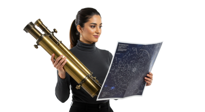 Woman holding a telescope and looking at a star chart isolated PNG with Transparent Background