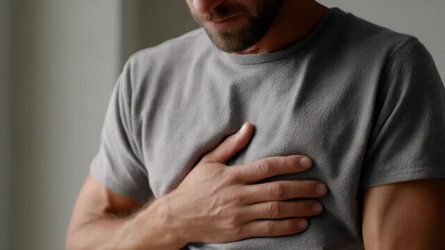 Salmonella outbreak concept ,Man in Gray Shirt Shows Serious Expression of Concern Over Chest Pain and Discomfort Indoors