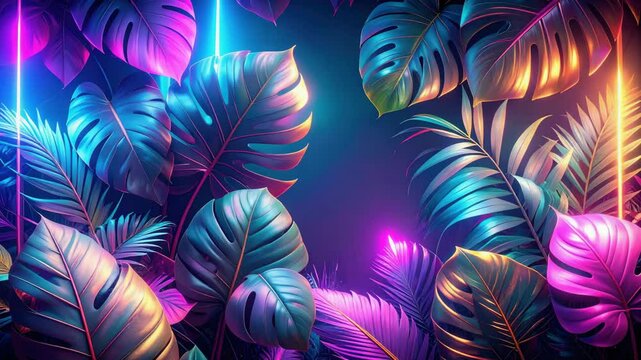Tropical monstera leaves illuminated by neon lights creating vibrant background.
