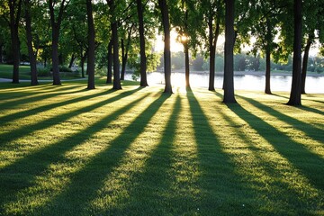 Obraz premium Sunlit Park: Shadows of Majestic Trees on Lush Green Grass