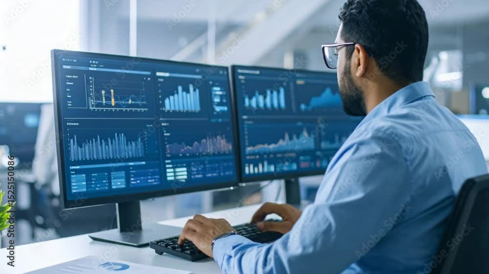 Poster data analysis and workplace dynamics: a focused individual, immersed in the world of data analysis, 