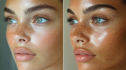Close-up portrait of a woman with freckles showcasing natural beauty and glowy skin in warm light