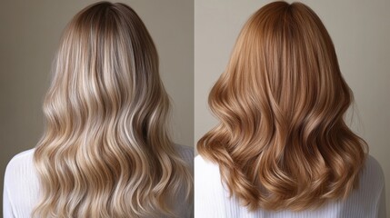 Fototapeta premium Transforming hair colors featuring wavy blonde and warm copper tones in a stylish studio setting
