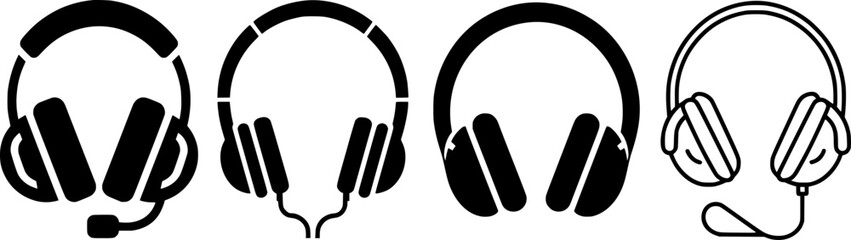 Four different styles of headphones in a simple, vector graphic format, ideal for showcasing headphone variety in a product catalog, website, or marketing material.