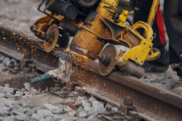 A worker in the process of a railroad track weld repair, reconstruction with a freight train passing