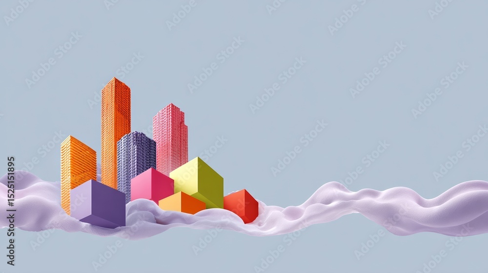 Poster cityscape with colorful buildings and a cloud in the background. the buildings are made of blocks an