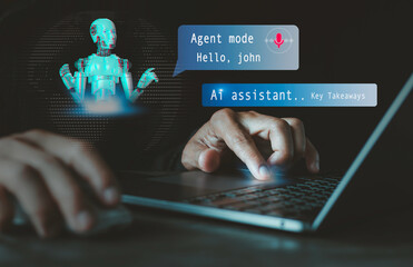 AI assistant interaction concept. User interacting with virtual  AI agents, Key Takeaway, icons for voice, text, image, video generation,  productivity tools, chatbot, intelligence communication