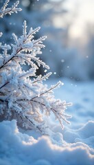 Frozen landscape under a heavy snowfall; delicate ice crystals clinging to branches and glistening in the soft light A serene winter scene of pure white beauty , christmas, frozen branches