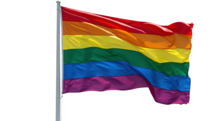 Rainbow flag waving on white background