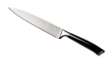 Sleek Culinary Edge: A close-up shot of a shiny and professional chef&#x27;s knife, showcasing its sharp blade and ergonomic handle, perfect for culinary endeavors. 