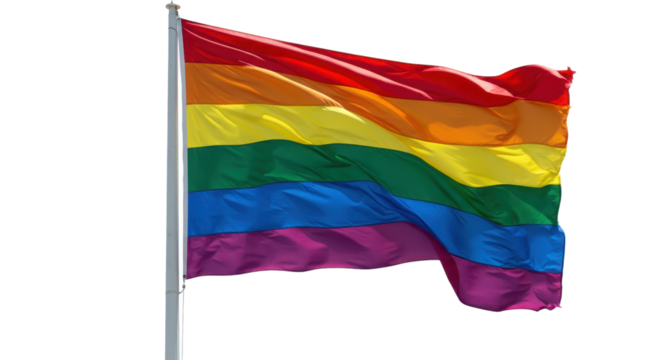 Rainbow flag waving on white background