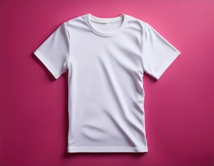 Plain t-shirt front view laid flat on a solid pink color background clean and minimalist presentation for branding