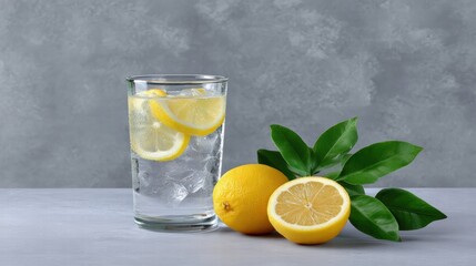 Fototapeta premium Lemonade cold minimalist concept. Refreshing lemonade with lemon slices and fresh lemons on a gray background.