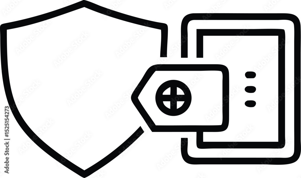Poster line art icon of a shield and safe box isolated on white background