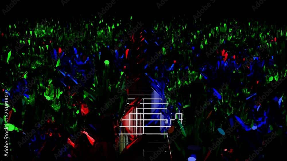 Poster endless forward movement over dark field of red green and blue crystals. 3d render looped animation