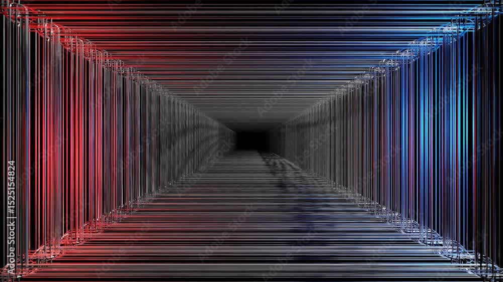 Poster endless forward movement in a dark abstract tunnel of silver square frames with blue and red backlig