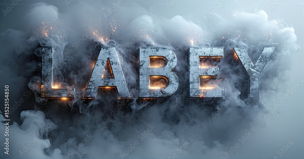 Poster dramatic text display. labey glows amidst smoke, sparks creating intense visual impact. dark backgro