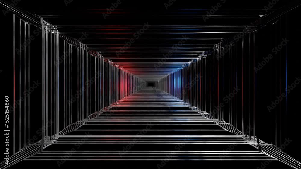 Aufkleber endless forward movement in a dark abstract tunnel of silver square frames with blue and red backlig