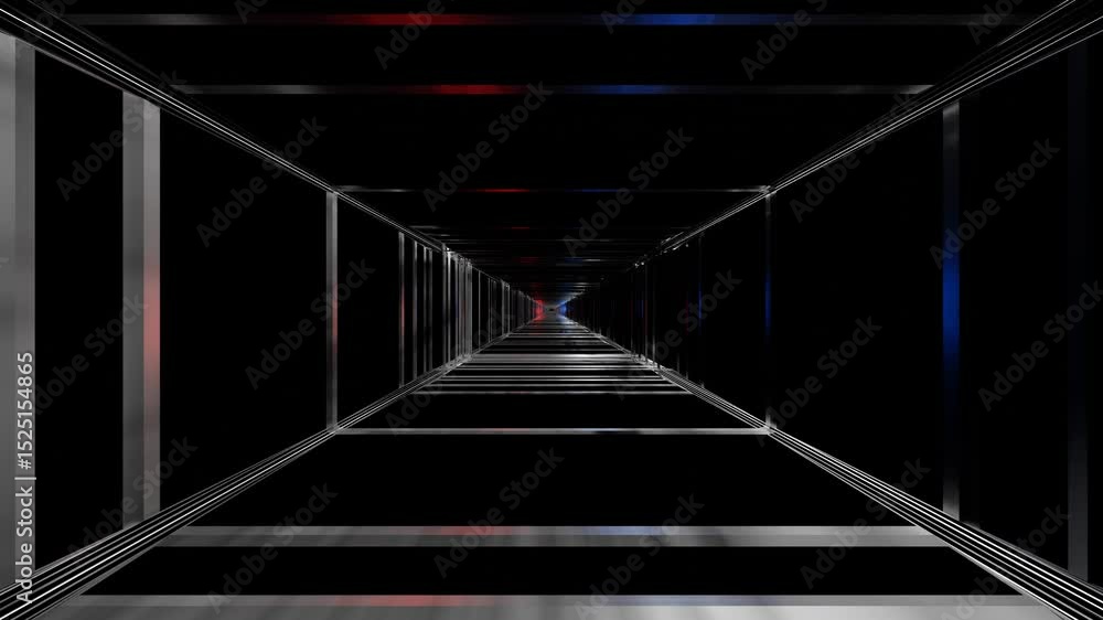 Aufkleber endless forward movement in a dark abstract tunnel of silver square frames with blue and red backlig
