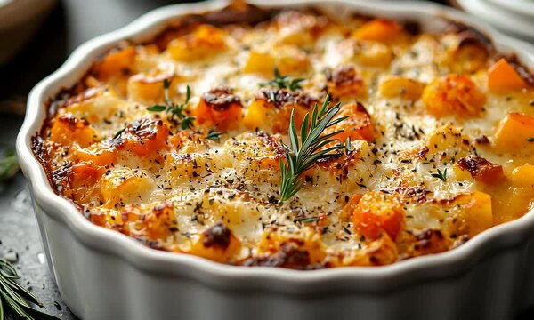 Delicious Baked Orange Squash Cubes with Melted Cheese and Herbs in White Scalloped Dish Culinary Photography
