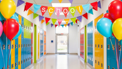 Colorful school hallway decorated with balloons and banners  