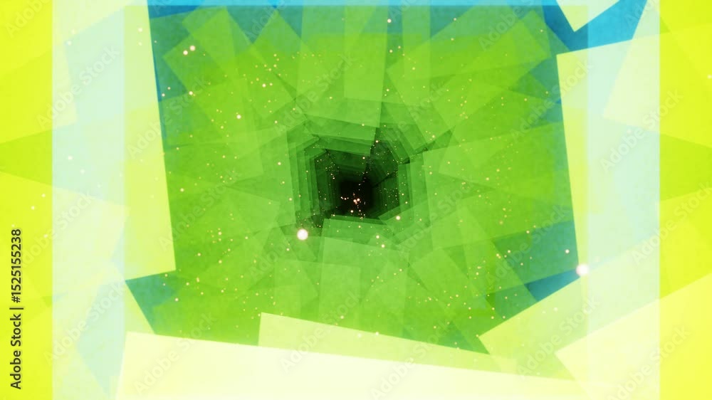 Poster movement inside an abstract tunnel of polish semi-transparent squares and particles. 3d render loope